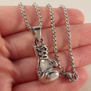 Mens Silver Stainless Steel Boxing Glove Boxer Rocky Pendant Rolo Chain Necklace